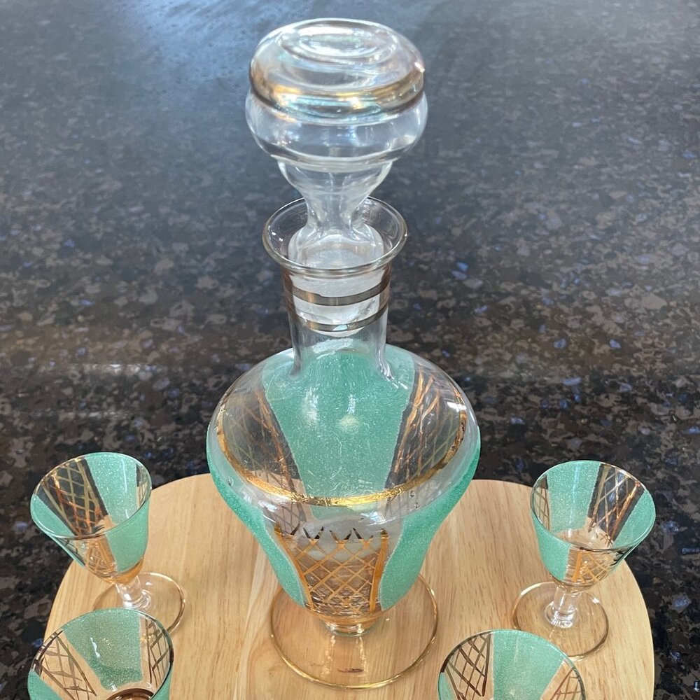 Bohemian FrostedGreen/Gold Glass Painted Decanter Set 5 Cocktail Glasses Vintage